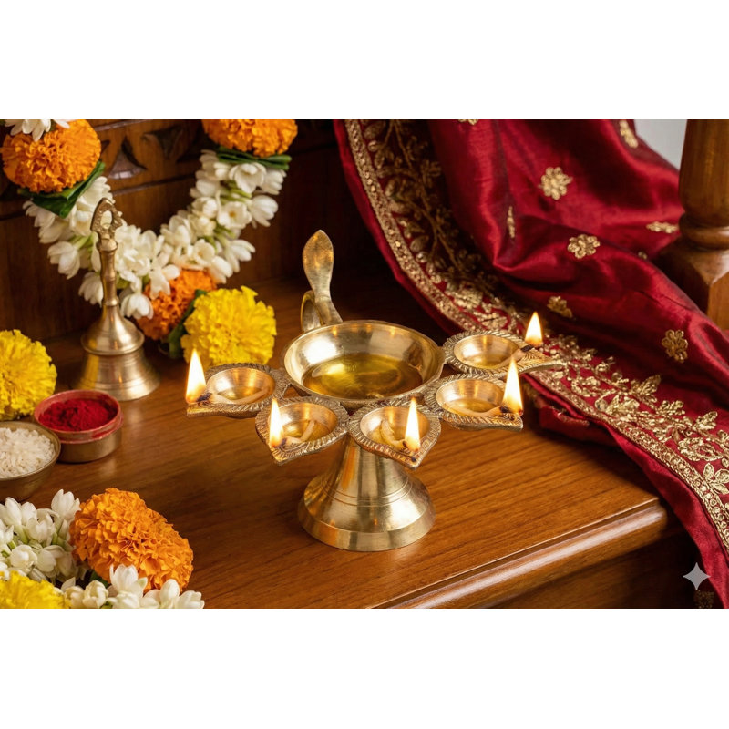 3" Brass Five Wicks Aarti Diya – Handmade Indian Ritual Lamp for Puja, Meditation & Spiritual Home Décor