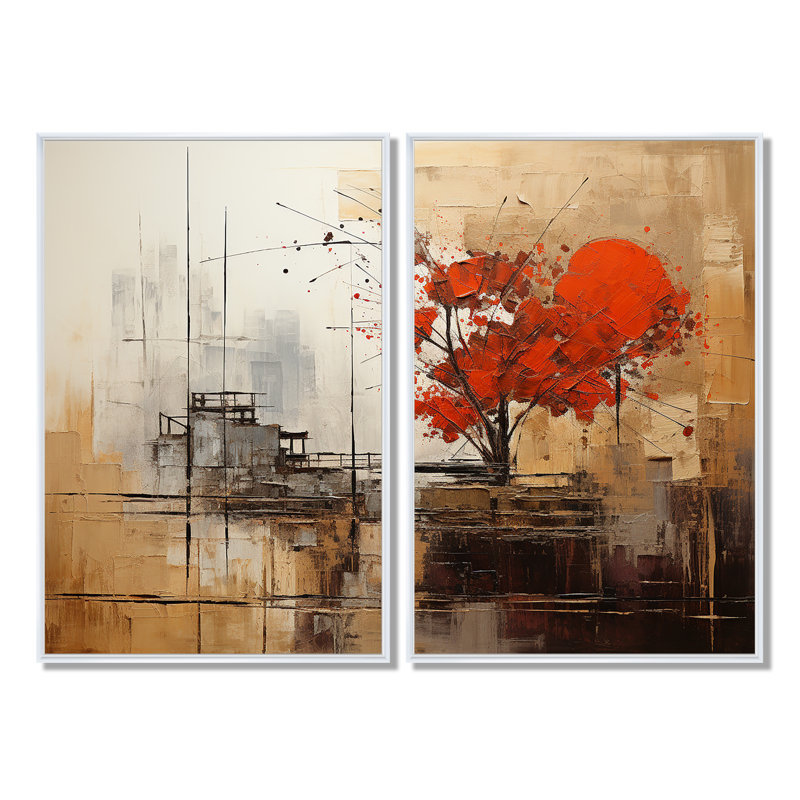 Autumn Collages I - ensemble de 2 grands décorations murales abstraites, H 36 po x l 48 po, Impression encadrée flottante