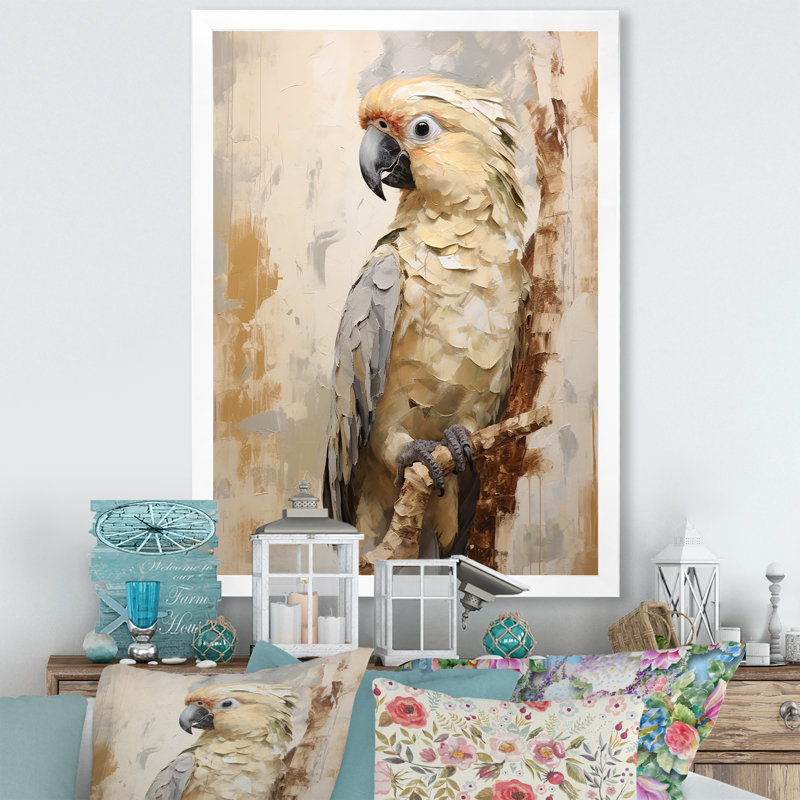 Perroquet beige à plumes élégantes I, Cadre simple blanc, H 40 po x l 30 po x P 1,5 po