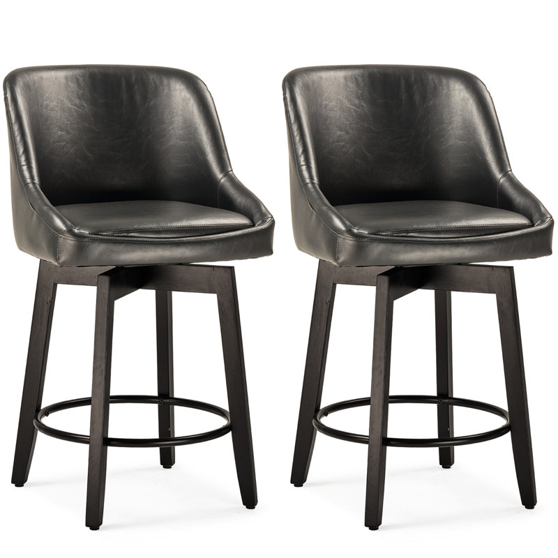 Tabouret de comptoir pivotant rembourré 26 po Wilsonia avec structure en bois massif, Noir, 10
