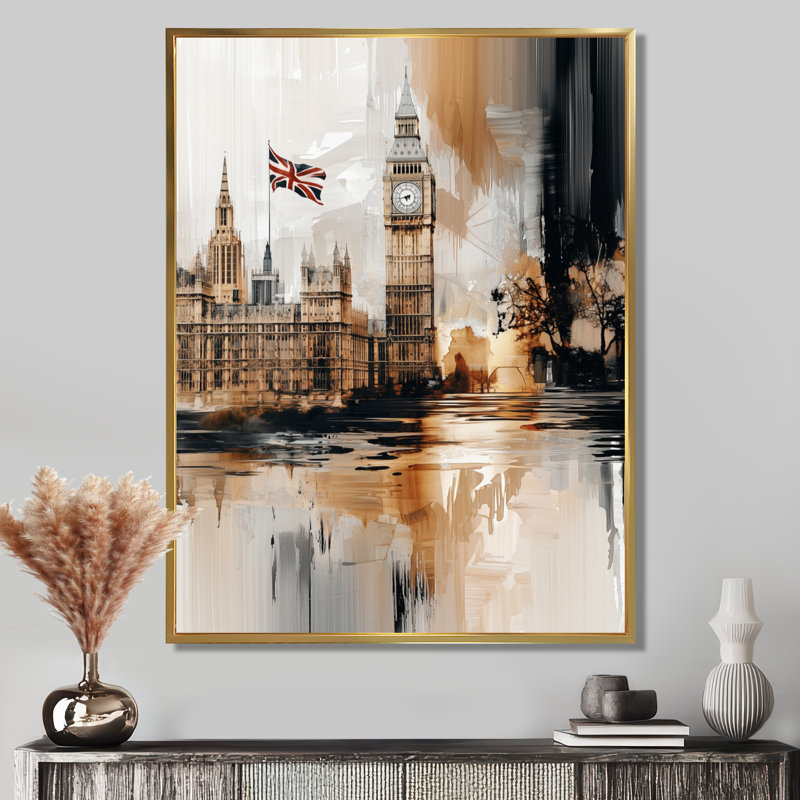 Art sur toile Big Ben Glow In England II, H 32 po x l 16 po, Reproduction avec cadre flottant, Doré
