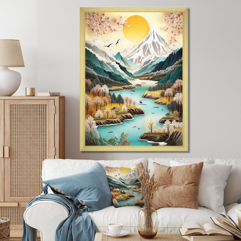 «Snow Covered Mountain Peaks I», reproduction d'art sur toile, H 44 po x l 34 po x P 1,5 po, Encadrement doré