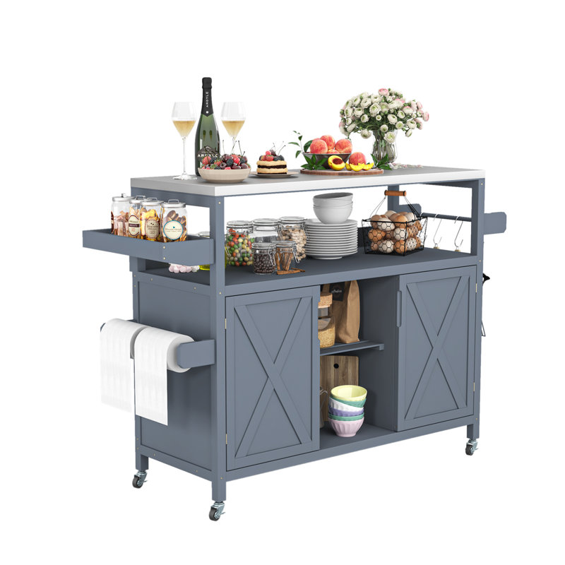 50'' Outdoor Solid Wood Kitchen Island Cart, Rolling Bar Cart, Grill Cart, Farmhouse Outdoor Grill Table With Stainless Steel Top, Spice Rack, Towel Rack For Kitchen&Bbq