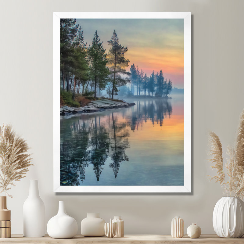 «Sunset at Dawn Lake Summer Mist - Sunset Wall Decor, Orange Landscape», art mural encadré, H 20 po x l 12 po, Avec cadre