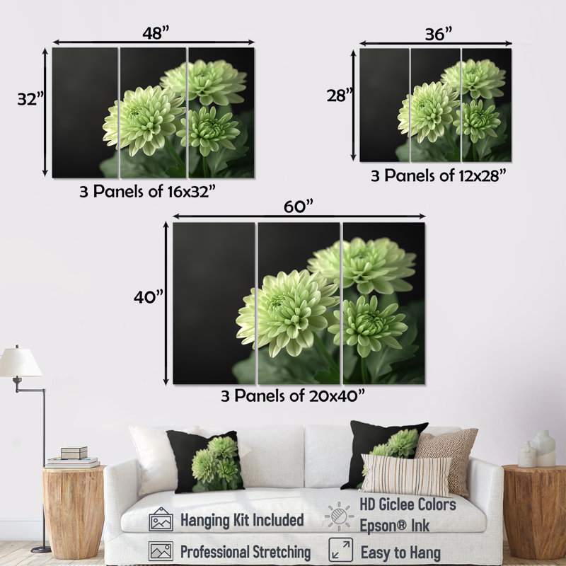 «Green Monochrom Mums Flowers Bouquet II», ensemble de reproductions d'art mural, H 32 po x l 48 po x P 1 po
