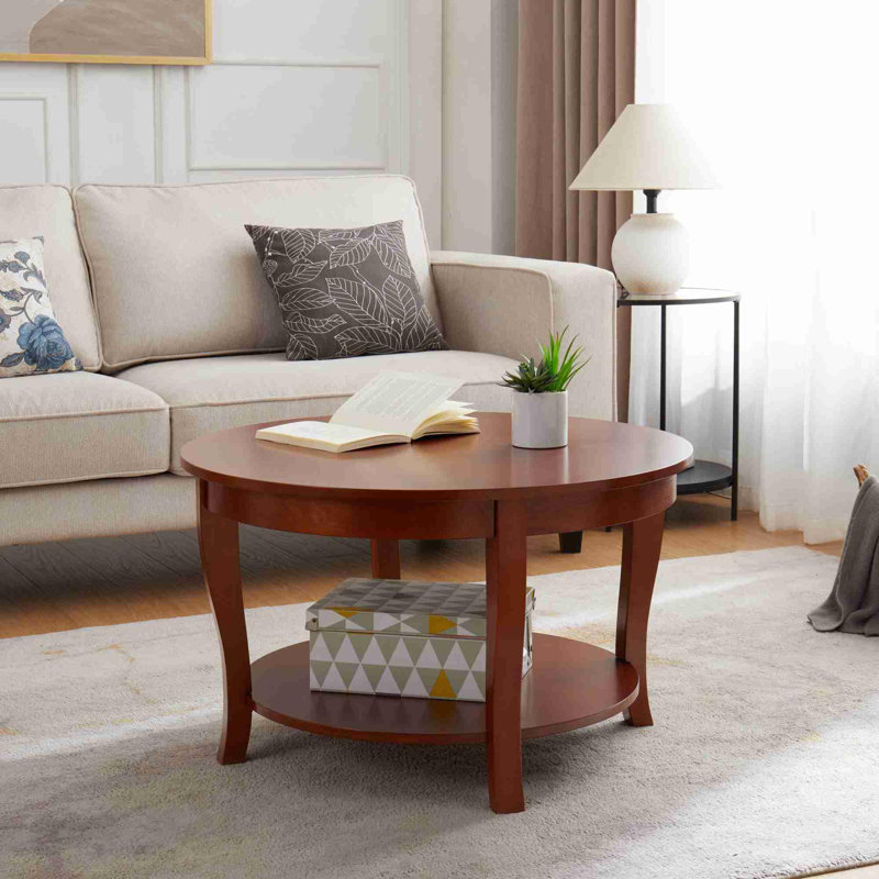 Table basse ronde traditionnelle avec tablettes de rangement ouvertes, Noyer