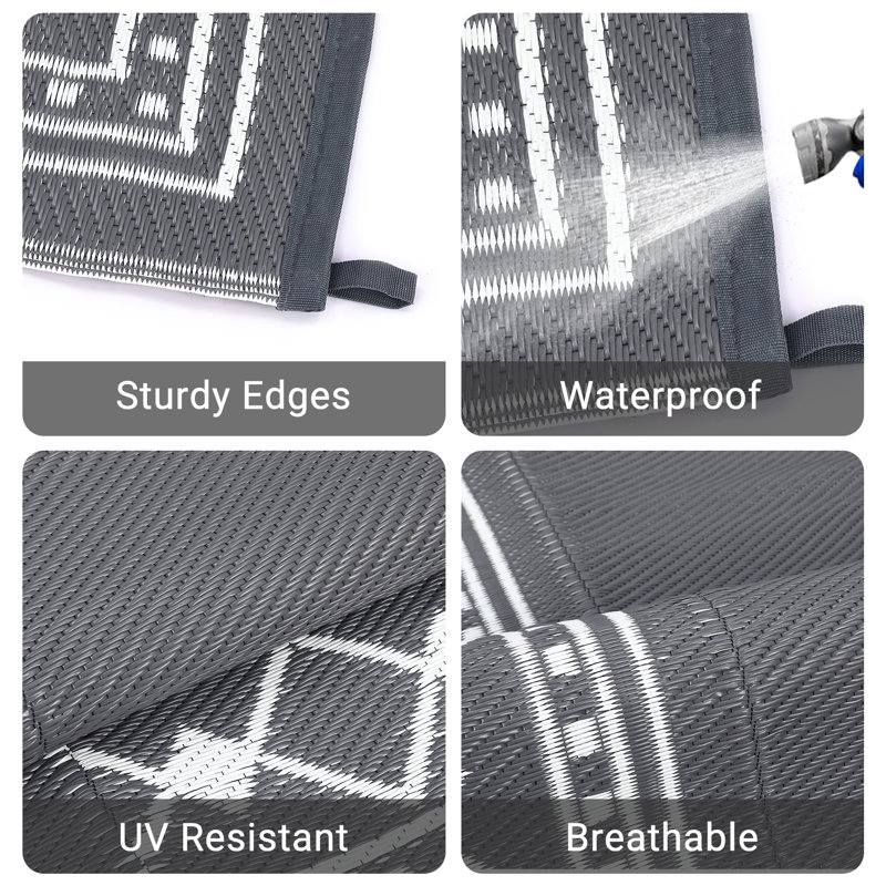 Outdoor Rug Modern Bordered Geometric Rug Waterproof Reversible Plastic Straw Rug for Patio Camping RV Balcony Backyard