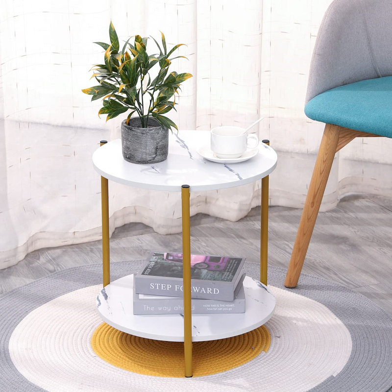 Living Room Marble Effect Sofa Side Table Round With Storage Shelf, 2 Tiers Little End Table Small Coffee Table Snack Tea Table Corner Bedroom Beside Table Nightstand (White)