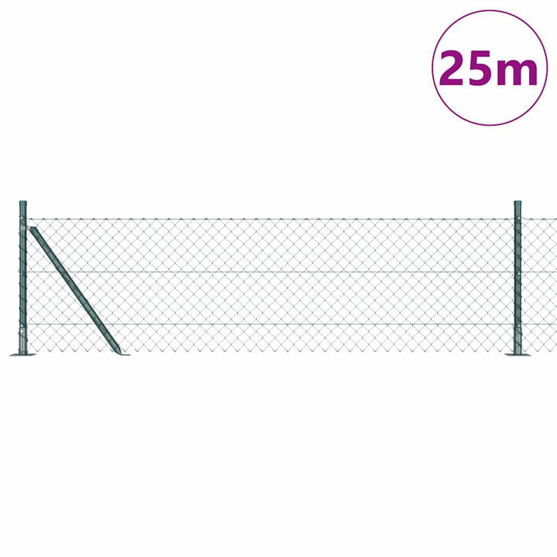 Vidaxl Chain Link Fence With Posts Steel, Green, 60cm H x 2500cm W x 3.2cm D