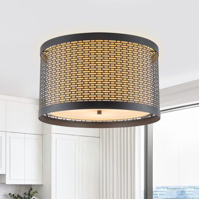 16-Inch Industrial Matte Black Drum Flush Mount Ceiling Light with Beige Linen Shade and Acrylic Diffuser