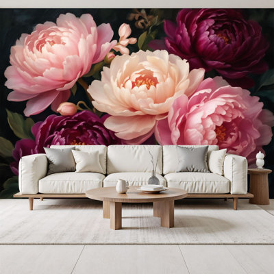 Peel and Stick Wallpaper Blooming Peony Garden Soft Pink Purple Flowers Wall Murals 69"H x 96"W Removable PVC Wall Paper Self-Adhesive Wall Paintings Art Decor for Bedroom Living Room
