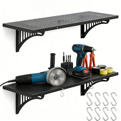 Ensemble de 4 tablettes de garage murales robustes - 1,4 x 4 pieds avec tablettes intégrées, crochets flottants pour l'organisation du garage, support à outils, étagères en métal noir