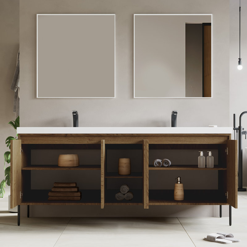 Socwell 73'' Double Bathroom Vanity with Resin Top, Walnut, White