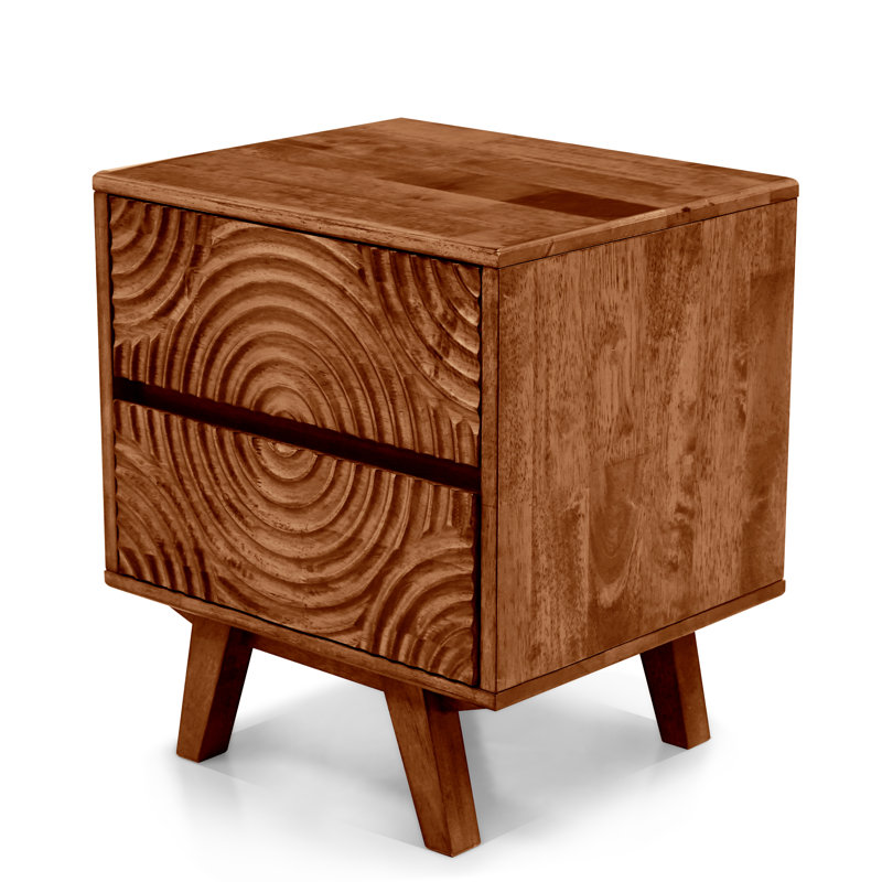 Table de chevet moderne en bois massif à 2 tiroirs avec façade sculptée, Noyer