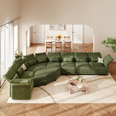 Canapé modulaire courbé surdimensionné rembourré avec rangement, canapé en velours côtelé à 8 places avec dossier à accoudoirs réglables, coussins de soutien moelleux, vert