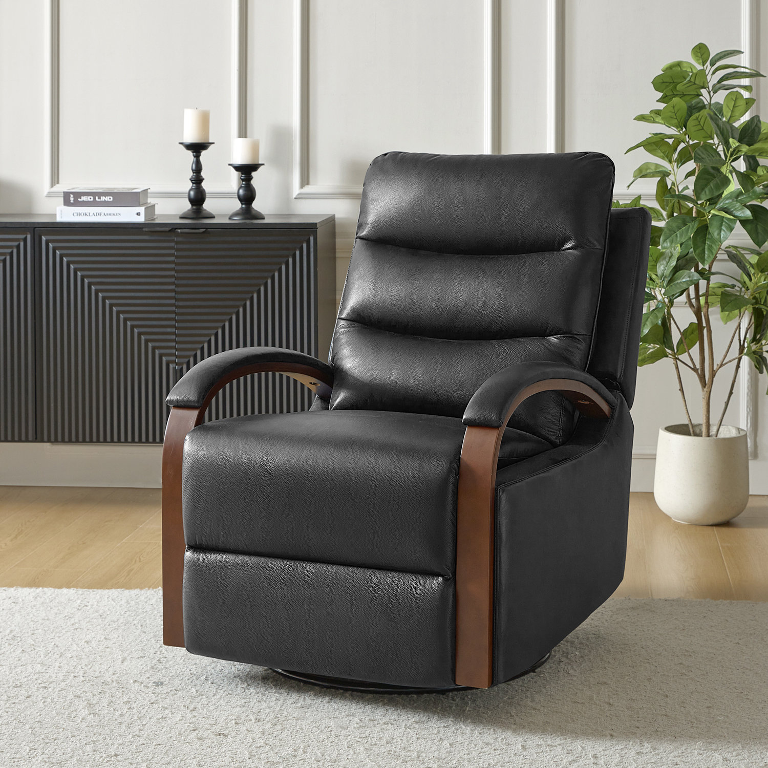 Azilda 29" Genuine Leather Manual Swivel Recliner, Black Genuine Leather