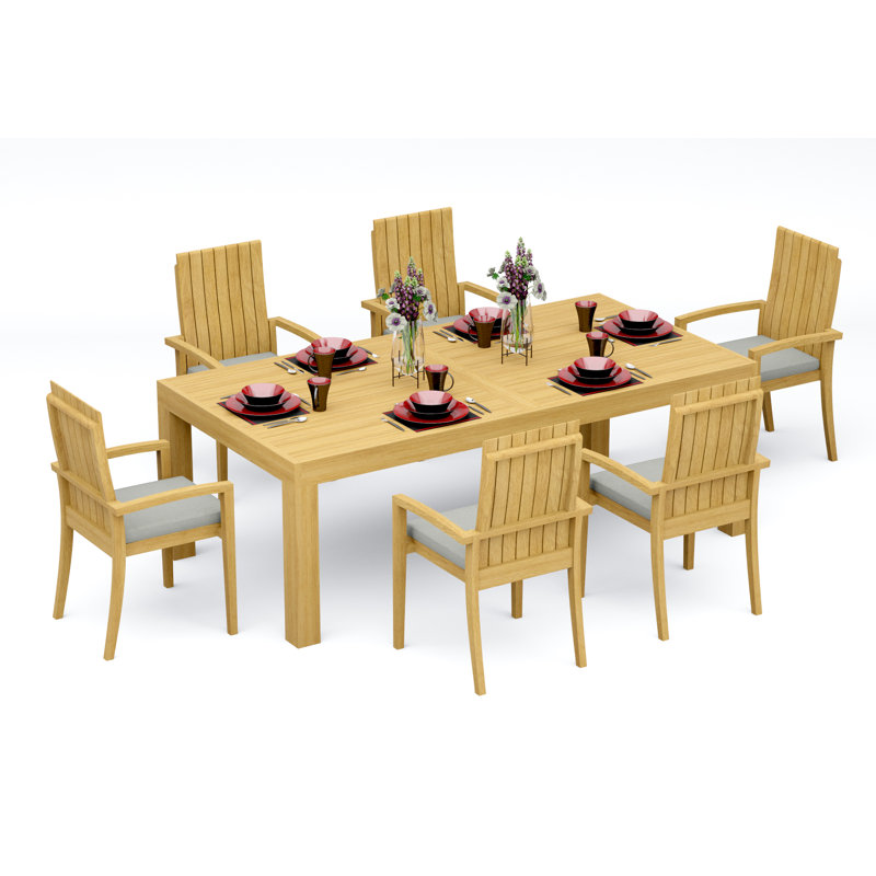 6 Seats 7 Pcs Grade-A Teak Wood Dining Set: 86" Canberra Rectangle Table And 6 Goa Stackng Arm Chairs #11GO1906, 6