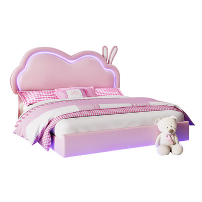 Zoomie Kids Full Floating Bed Frame with Adjustable LED Headboard, Upholstered Platform Bed, Pink