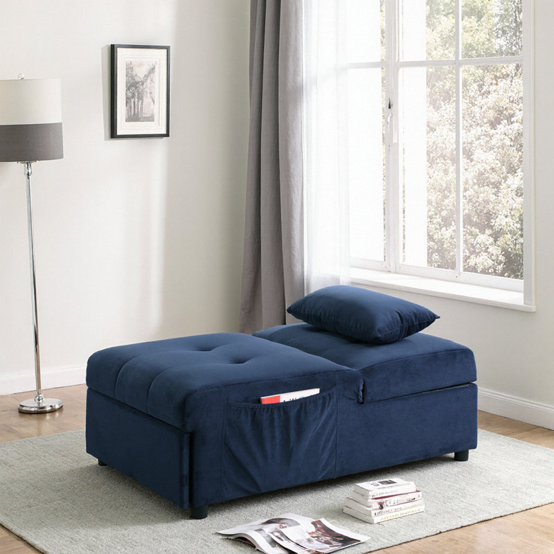 Le banc moderne capitonné en velours bleu se transforme en lit et repose-pieds avec rangement, Bleu très foncé
