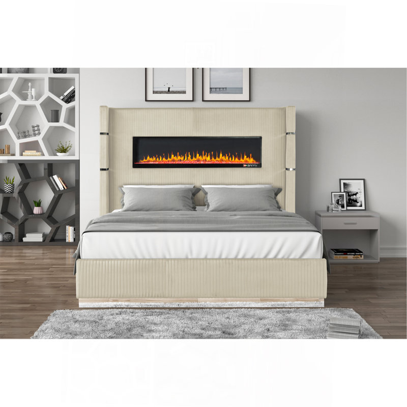Ensemble de chambre à coucher 5 pièces avec éclairage ambiant en velours beige Upholstery King