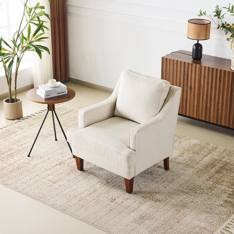 Chaise d'appoint de style Mid-Century moderne en bois massif avec coussin en T de 29 po de largeur , Velours beige