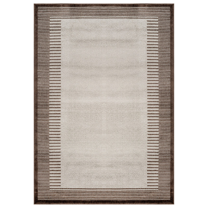 Tapis moderne à motif abstrait à bordure douce, Crème/brun, Rectangulaire 7 pi 10 po x 10 pi