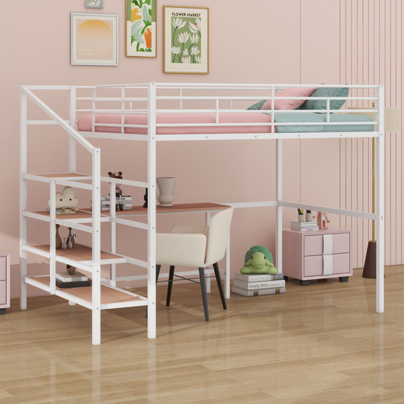Lit mezzanine en métal avec bureau et échelle de rangement latérale, blanc