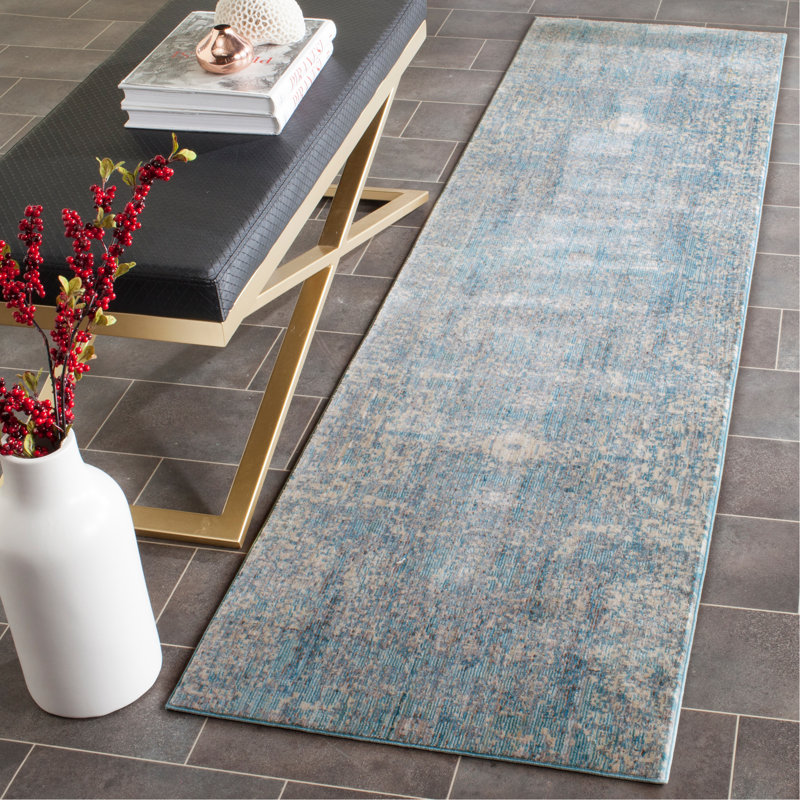 Tapis bleu sarcelle tissé à la machine Mailelani, Tapis de couloir 2 pi 3 po x 12 pi