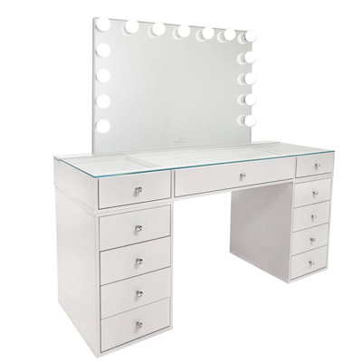 Ensemble de coiffeuse avec miroir de coiffeuse Slay Station Naomi, ensemble de 4 tiroirs, poignées de tiroir Crystal Lux