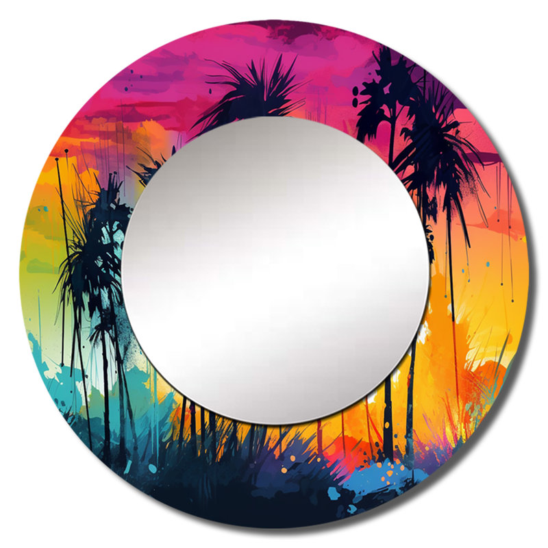 Phillina Vibrant Palm Trees III - miroir mural décoratif de plage, grand miroir rond moderne, impression d'art en métal