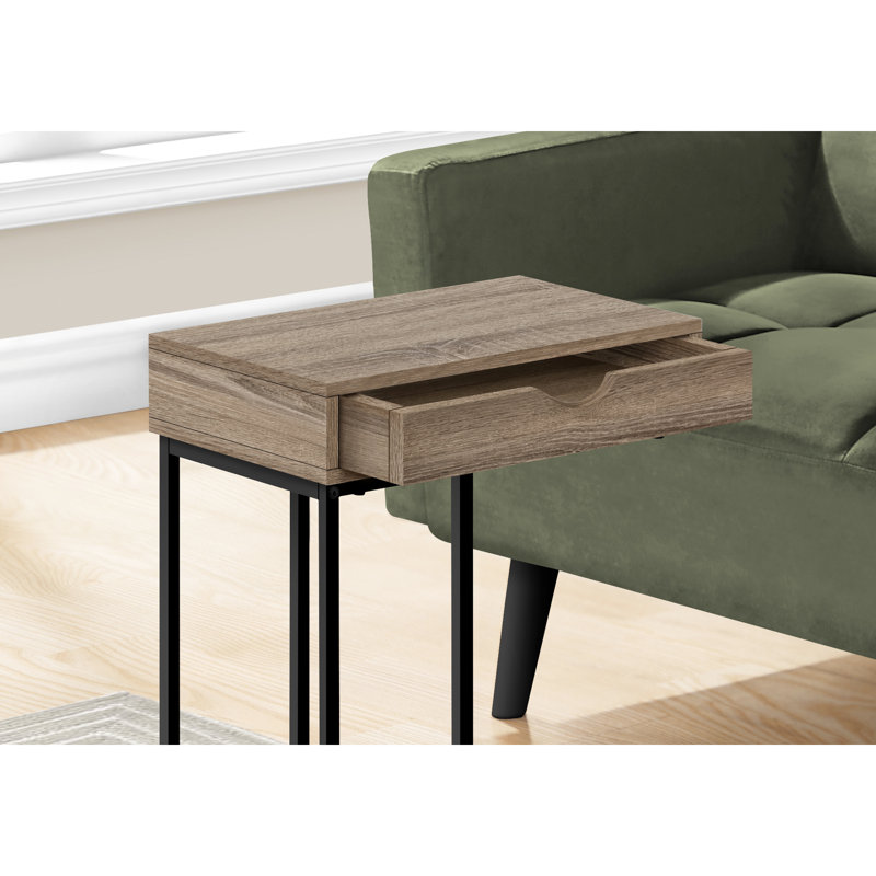 Table d'appoint avec option de rangement, stratifié taupe foncé et support en métal noir pour le salon espace latéral moderne, pieds supérieurs bruns