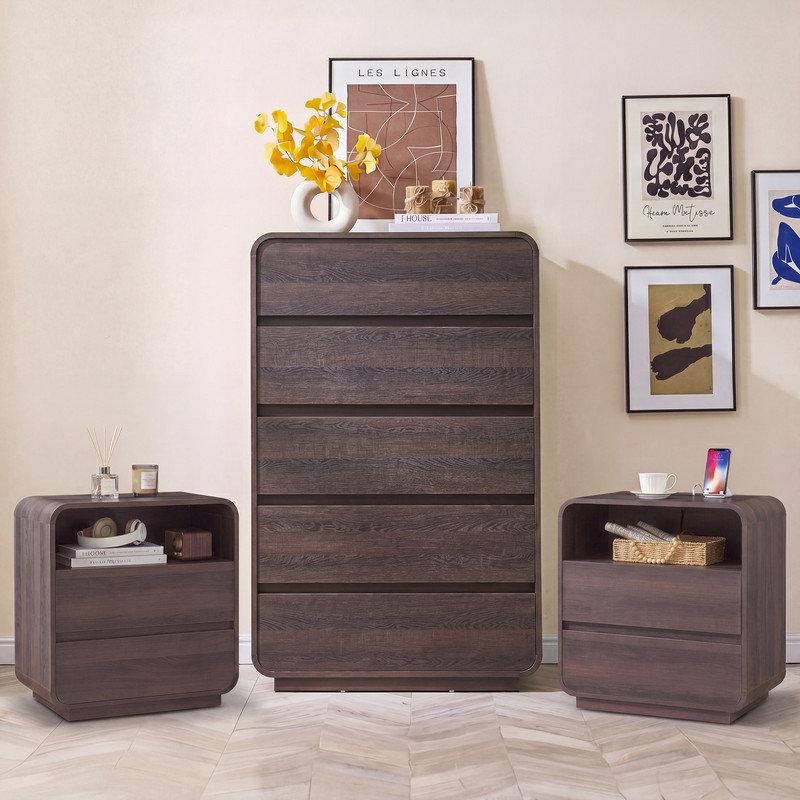 Ensemble de chambre à coucher 3 pièces en noyer courbé avec station de charge, Walnut, 3 Pcs: Chest, 2 Nightstands