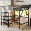 Lit mezzanine double avec bureau pliable et station de charge, lit mezzanine double en métal avec bande lumineuse et rangement pour escalier