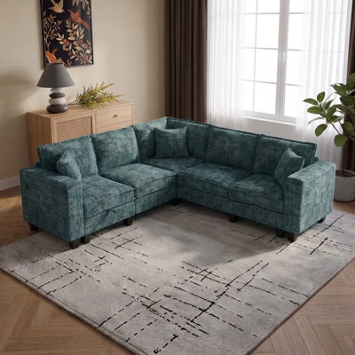 89" V-Shaped 5-Seater Sectional Couch, Deep Seat Chenille Cloud Sofa with Storage Armrest, Modern Corner Couch with Hidden Storage & 3 Pillows, Comfy Living Room Sofa, Green