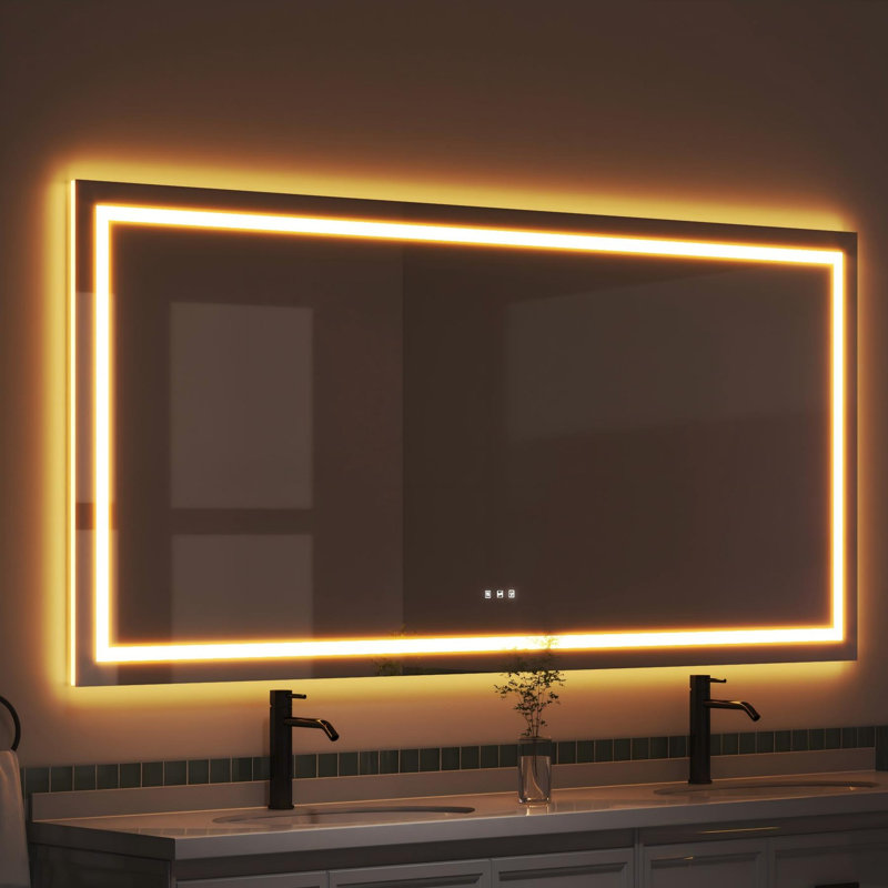 Led Bathroom Durable Tempered Mirror 72x 32, Dimmable Vanity Mirrors For Wall, Anti-fog, 3 Colors Adjustable, Memory, Double Led Lights ( Front And Backlit )