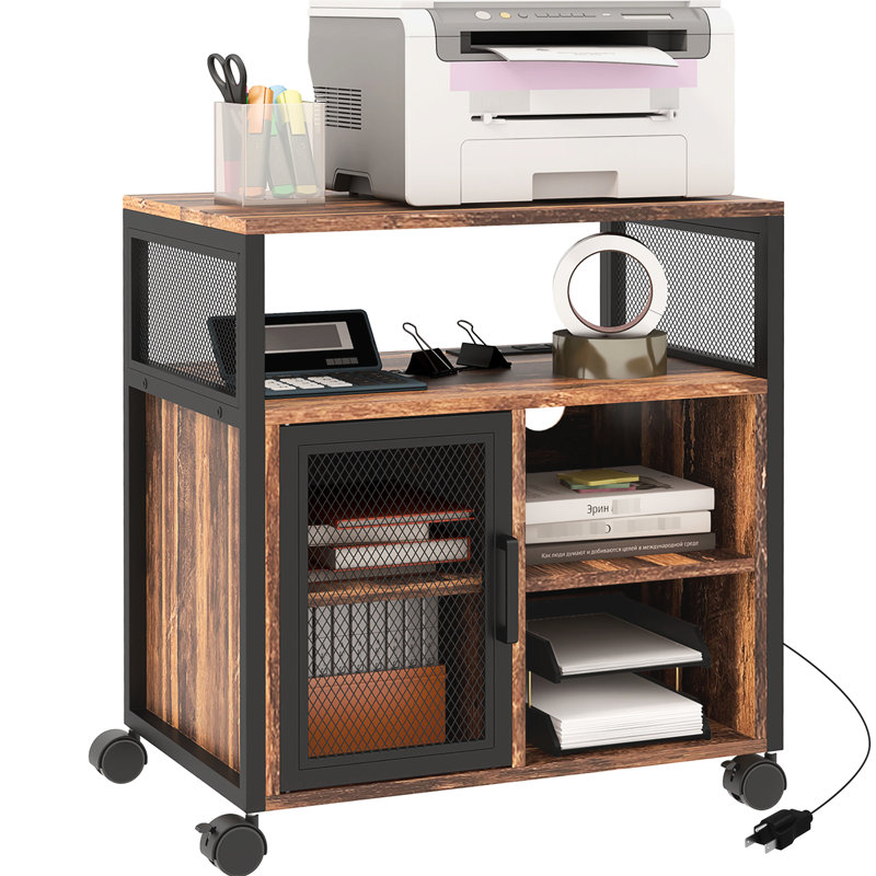 Support d'imprimante mobile de style rustique brun. Avec douille et. Gardez le bureau organisé. Tablettes réglables. Roues pour mobilité Bureau brun avec douille. Organisez les fournitures. Et réglable. Élégant