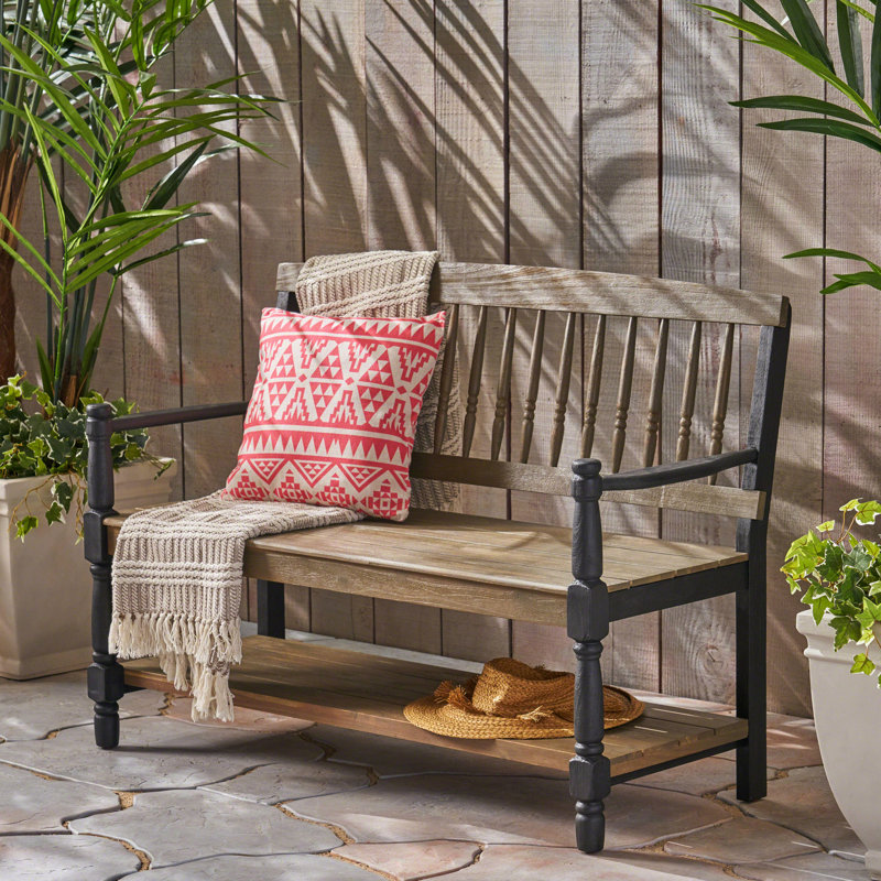 Banc d'extérieur en bois avec tablette, gris et noir pour un look élégant de rangement classique noir, fabriqué