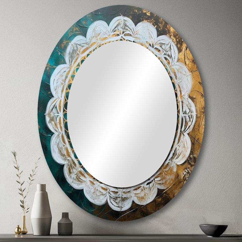 Mandala I sarcelle et or - Miroir décoratif géométrique ovale sur métal, 43 po x 33 po