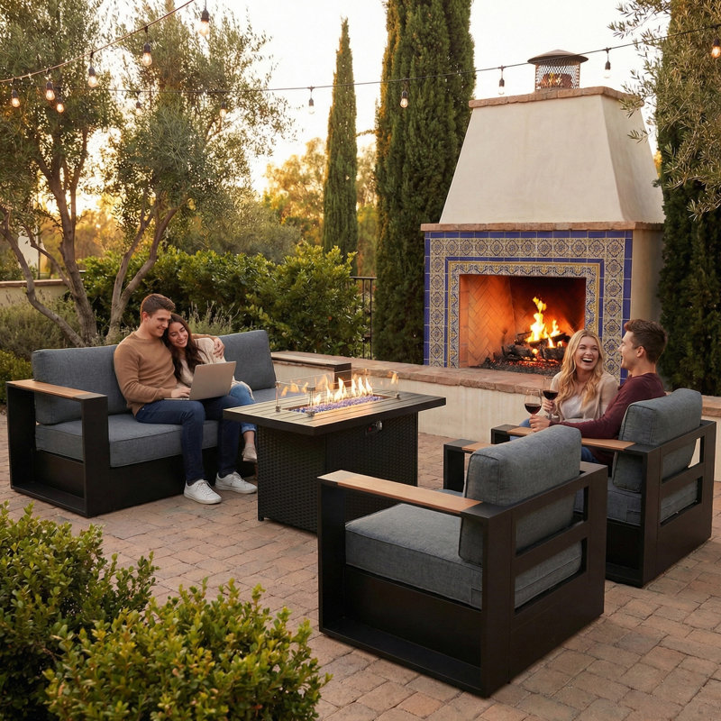  Outdoor Oversized Aluminum 4-piece Conversation Set With Firepit Table And 6-inch Cushion, Dark Grey