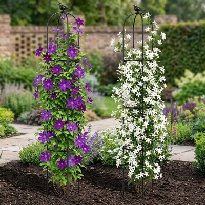 Ensemble de 2 treillis de jardin obélisque rond noir, structure de support de vigne grimpante légère de 67 pouces, convient aux roses, clématites, vignes de concombre, lits surélevés et jardinières d'extérieur