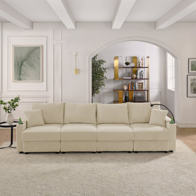 Canapé moderne à 4 places avec rangement, canapé à assise profonde avec porte-gobelets et porte-téléphone, canapé en velours côtelé beige