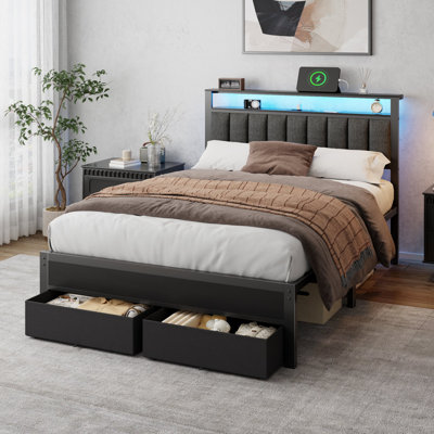 Lit plateforme moderne de taille double, cadre de lit tapissier avec lumières DEL et station de charge, 2 tiroirs de rangement, aucun sommier requis