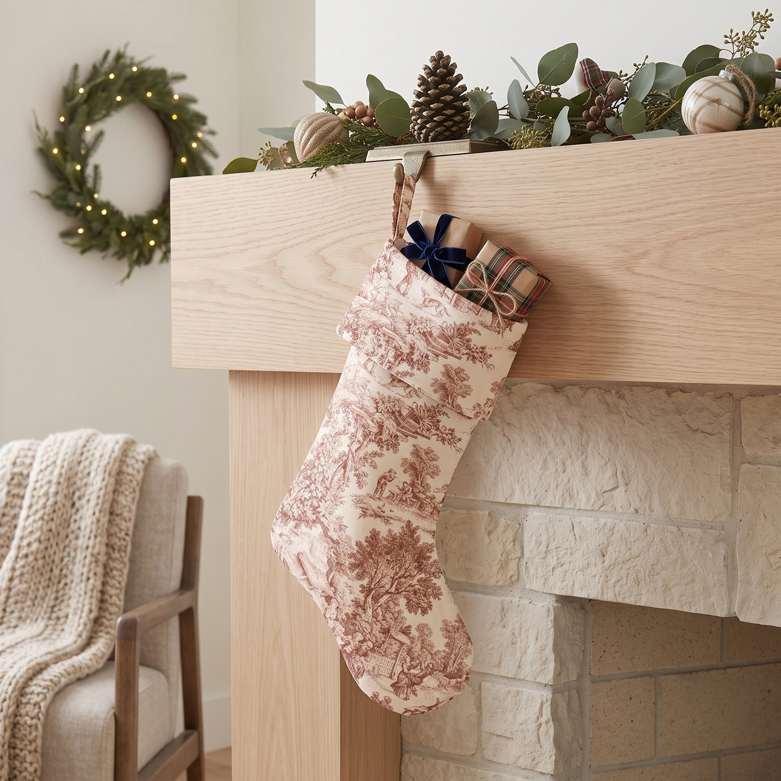 Toile Christmas Stocking, Burgundy