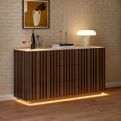 60" Walnut Sideboard Buffet Cabinet with Faux Travertine Top, Slatted Doors & LED Lighting
