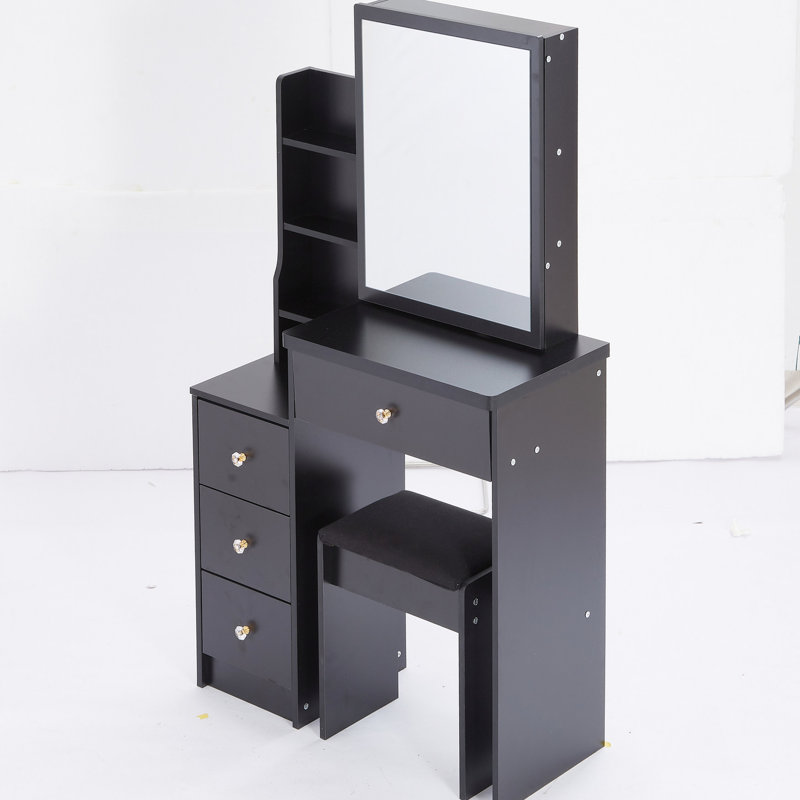 Black Vanity For Restricted Areas With Cushioned Stool, Large Sliding Mirror, Multi-layer Storage Options Cabinet Stool & Small Bedrooms, Black, , , Ul Listed Design