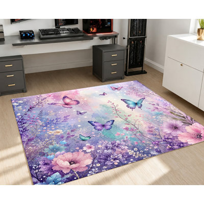 Tapis fantaisie papillon fantaisiste, motif à imprimé floral aquarelle, tapis antidérapant, décoration intérieure artistique vibrante pour le salon, la chambre à coucher, la salle de loisirs, appartement