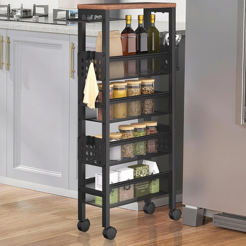 Chariot de rangement roulant à 5 niveaux avec plateau en bois, étagère mobile étroite avec structure en métal et roulettes pour la cuisine, la salle de bain, la salle de lavage et les petits espaces