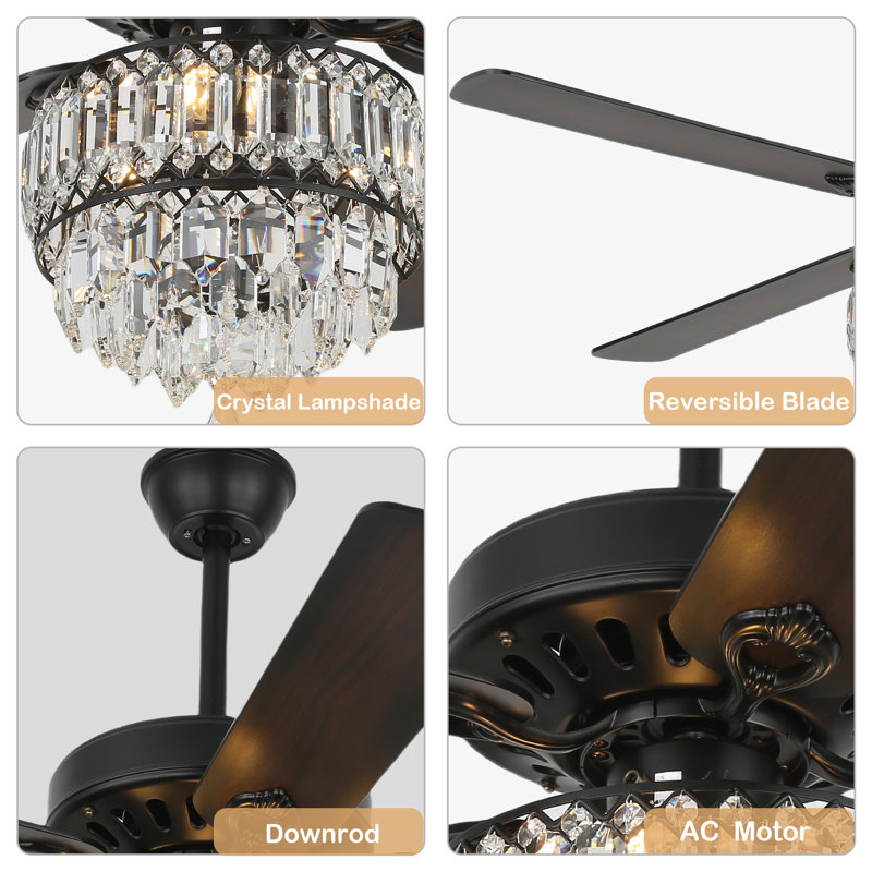 52 Inch Modern Crystal Ceiling Fan With Remote Control, 3 Speeds Reversible Ceiling Fan For Bedroom, Black