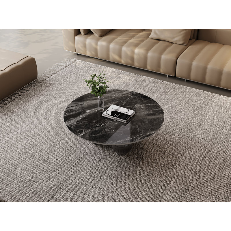 Table basse ronde de 39 po en faux marbre, plateau de table en pierre frittée noire avec triple base sphérique sculptée en métal poli, table de centre moderne glamour pour le salon