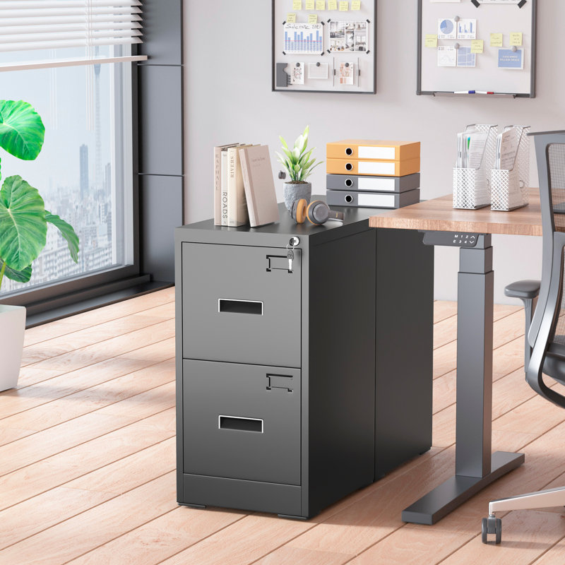 15'' Wide 2 Drawer Metal Vertical Storage File Cabinet with Lock, Black